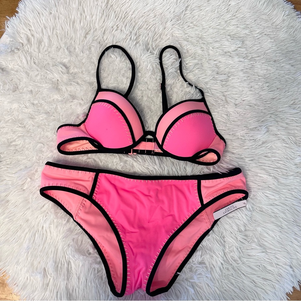 PINK Victoria's Secret Neon Pink and Coral Bikini with Black Trim